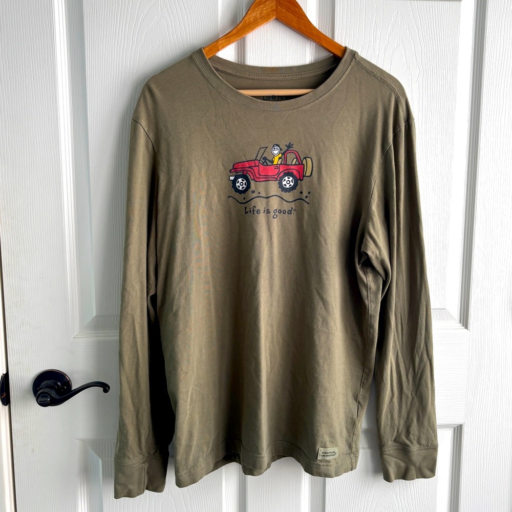 Life is Good Men's Offroad Jake Long Sleeve Crusher Tee Moss Green EUC size M